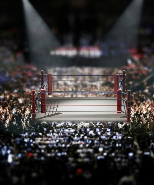 Empty boxing ring surrounded with spectators. 3D illustration